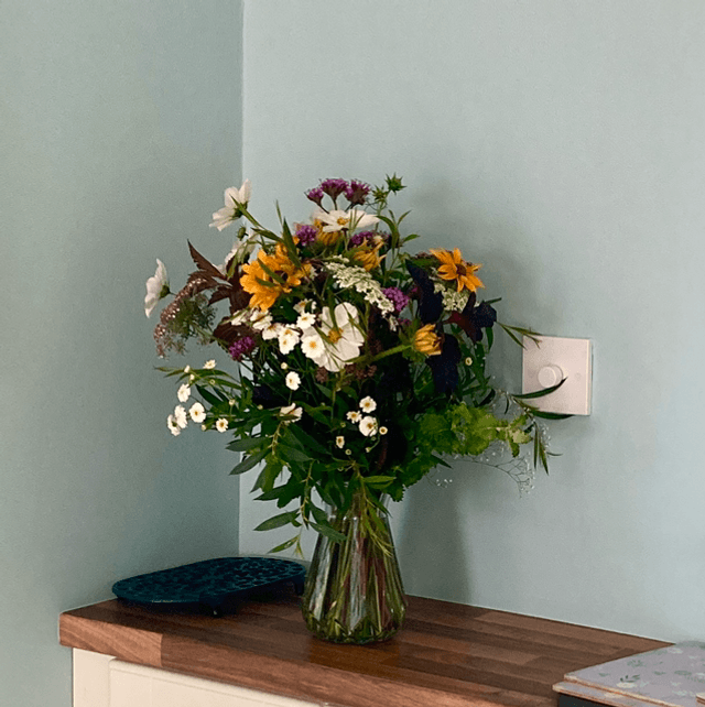 Funky glass vase filled with lovingly arranged Fresh Kerry Flowers 
