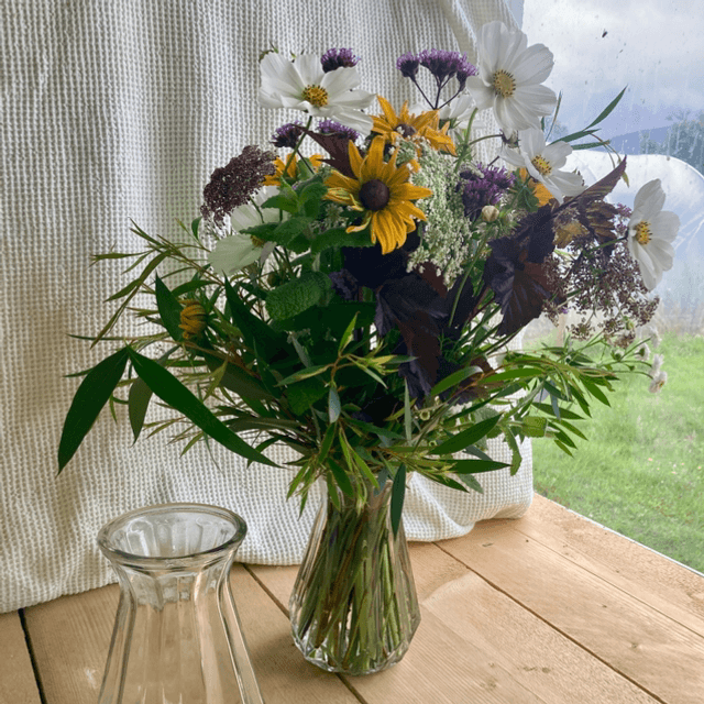 Funky glass vase filled with lovingly arranged Fresh Kerry Flowers 